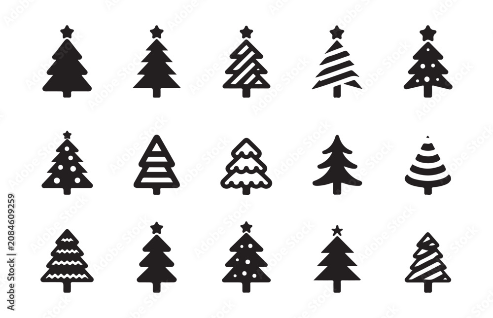 Obraz premium Various black christmas tree silhouettes isolated on transparent background for decoration vector.