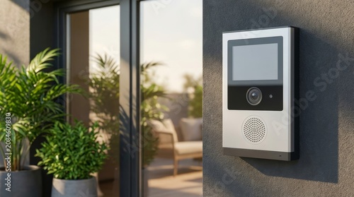 Modern silver video intercom and smart doorbell mounted on a contemporary exterior wall, realistic photo.