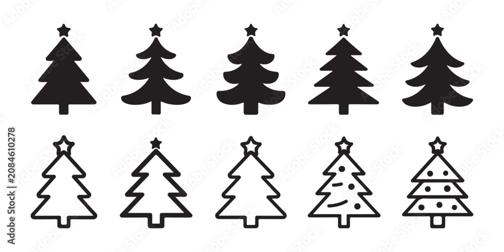 Obraz premium Black Christmas trees and outline icons with stars on transparent background for holidays.