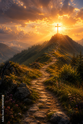 Peaceful mountain path leading toward glowing cross on distant hill, symbol of following Jesus Christ and eternal hope