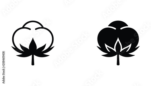 Black and white cotton boll icon with leaf