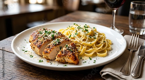 Delicious grilled chicken breast with creamy pasta served on a plate in a rustic restaurant setting. romano chicken recipe