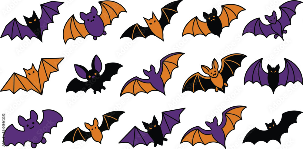 Fototapeta premium Set of fifteen cute Scandinavian Halloween bats in flat vector style for seasonal decoration