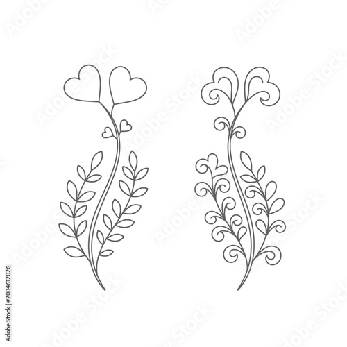 Hand drawn line art illustration of botanical stems with heart shaped flowers.