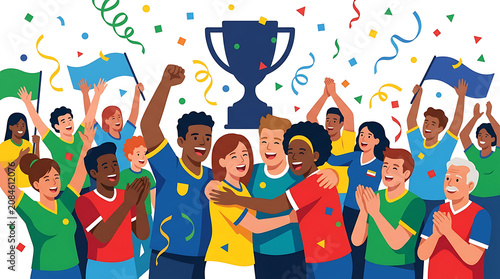 Diverse group of people celebrating a victory with a trophy and confetti