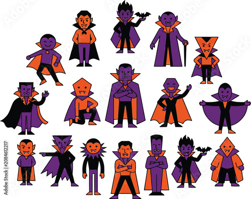 Set of geometric vampire characters for Halloween celebration in purple and orange color palette