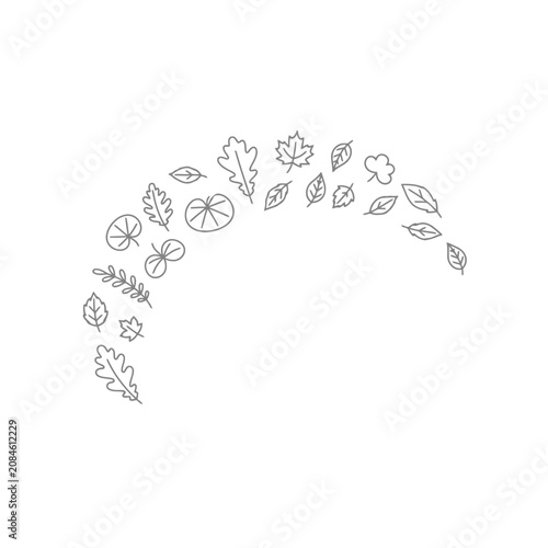 Hand drawn line art leaves arranged in a semi circle arch vector illustration.