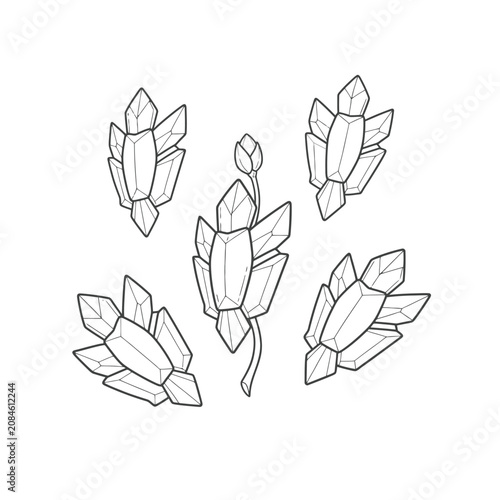 Hand drawn line art illustration of crystal clusters and a crystal flower for coloring book.