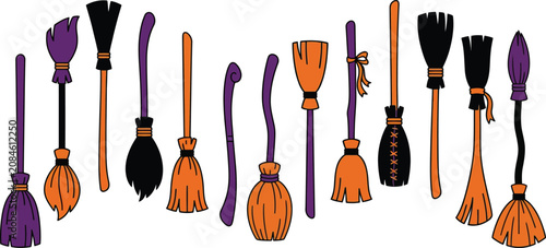 Sticker style Halloween witch broom collection with purple and orange festive color scheme