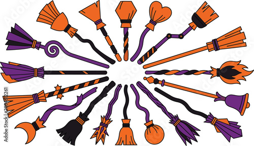 Geometric style Halloween witch broom set arranged in a circle for festive holiday graphics
