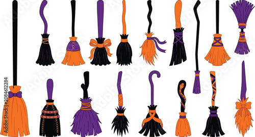 Cartoon style Halloween witch broom collection featuring various designs and festive colors