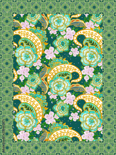 Indian watercolor peacock floral seamless pattern, vintage retro folk tribal botanical background set