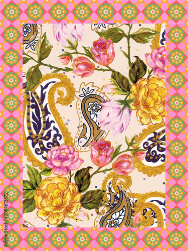 Indian watercolor peacock floral seamless pattern, vintage retro folk tribal botanical background set