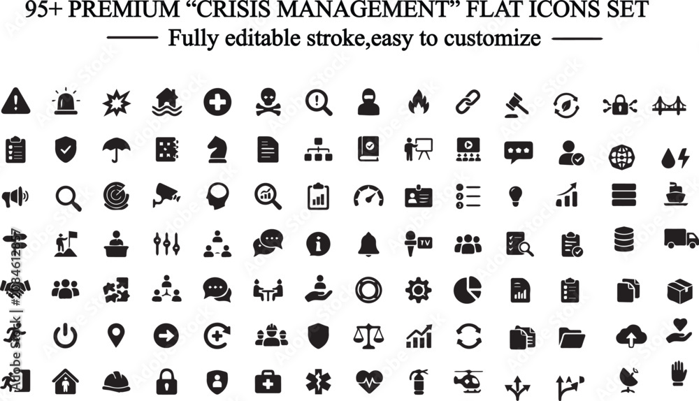 Obraz premium Crisis Management Icons Set Professional Emergency Response & Risk Control Vector Collection.Perfect for websites, mobile apps, presentations, dashboards, infographics, and corporate safety materials