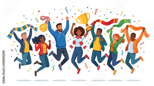 Diverse Group of Happy People Jumping and Celebrating Sports Victory