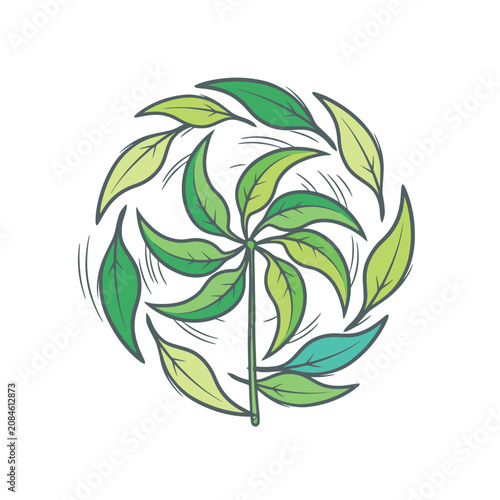 Hand drawn illustration of a spinning pinwheel made of green leaves representing clean wind energy and ecology.