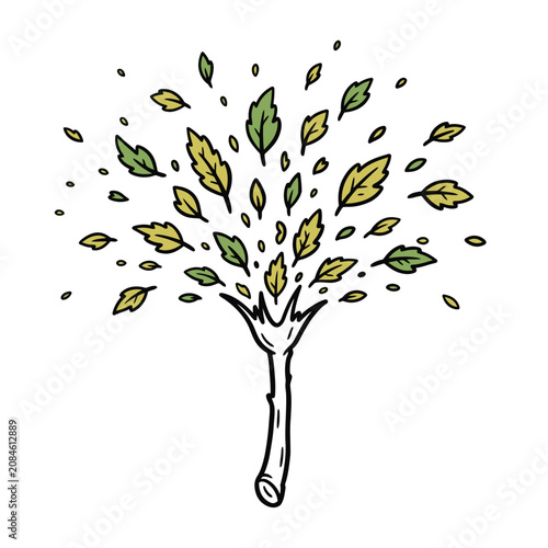 Hand drawn illustration of a tree branch with green and yellow leaves blowing away in the wind.