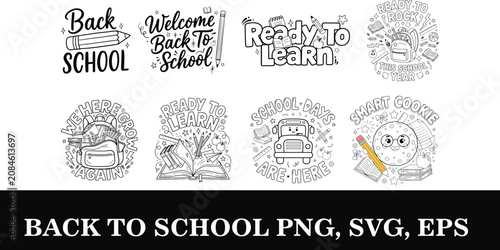 Set of Back to School lettering handwritten with elegant calligraphic font and decorated with stationary or writing tools. Collection of written slogans or phrases