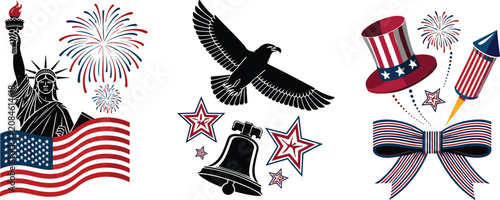 Photos American patriotic illustration featuring Statue of Liberty, bald eagle, Liberty