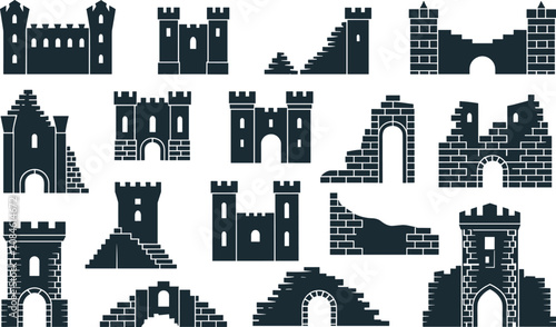Bild auf Leinwand Collection of medieval castle ruins silhouettes featuring towers, battlements, a