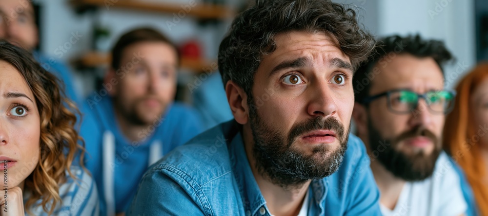 Fototapeta premium Group of fans watching sports game in suspense at home