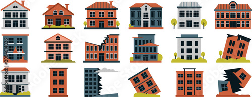 Cuadro en lienzo Set of stylized houses and apartment buildings showing intact structures and col