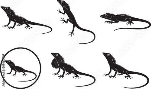 Tableau sur toile Crested Anole Black Silhouette Icon Set Arboreal Lizard Vector Collection