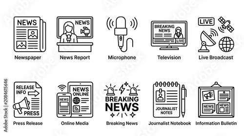 Foto Journalism and mass media line icon set, 10 news broadcasting vector elements, p