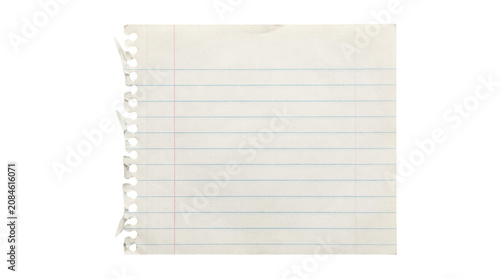 Spiral bound lined paper, notebook sheet, blue lines, white background, education template