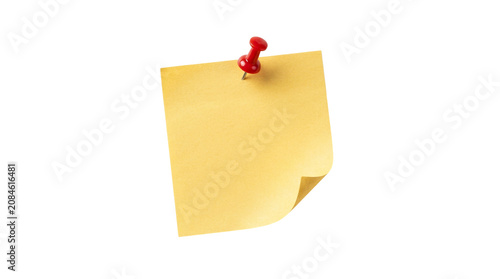 Sticky note, yellow paper, red pushpin, office supplies, note pad, reminder
