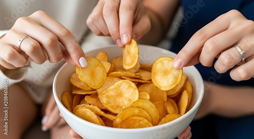 Crispy golden potato chips in a white bowl, friends sharing salty snacks at home, close up of hands picking crunchy appetizers during a movie night