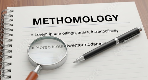 Methomology research document on spiral notebook, magnifying glass and pen on office desk, business strategy and analysis concept