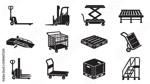 Εκτύπωση καμβά Warehouse, industrial, logistics icons, 12 forklift, pallet jack, scissor lift,