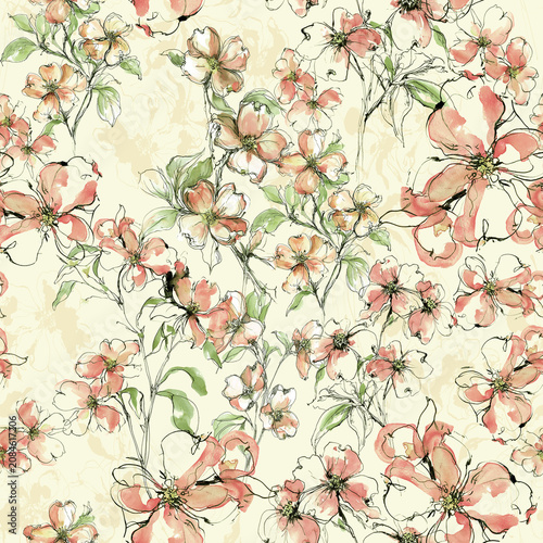 Fotografie cherry blossom yellow and orang seamless pattern