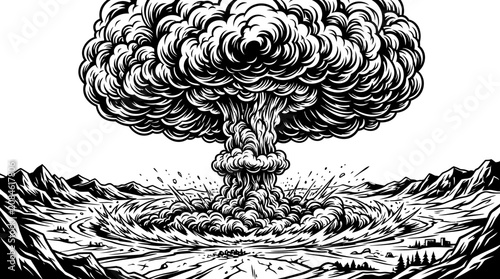 Bild auf Leinwand Massive mushroom cloud rising above a desolate mountain landscape