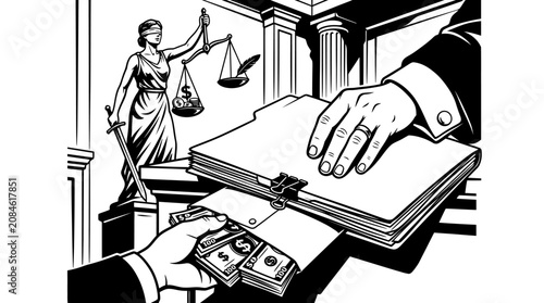 Photos Hand passing cash bribe under legal file folder in courtroom