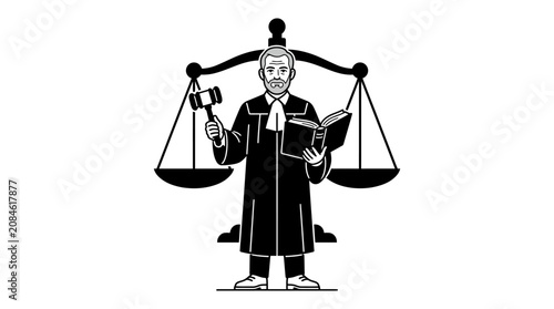Tableau sur toile Senior judge holding a gavel and law book with scales of justice