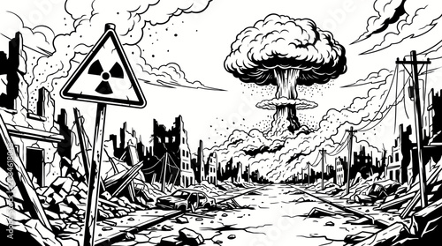Fotografie Post apocalyptic city ruins with nuclear mushroom cloud explosion