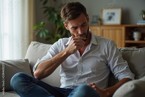 Close-up of a man sitting on a sofa scratching his irritated skin
