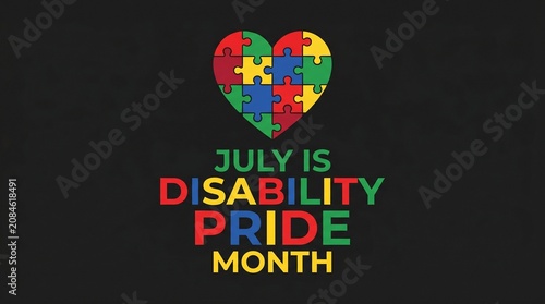 Puzzle piece heart with text disability pride month awareness illustration