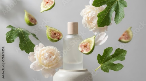 Fig and Floral Essence Bottle Bottle Fig Flowers Natural Beauty Skincare Aromatherapy. Concept featuring bottle, fig, flowers, natural, beauty for professional commercial design.