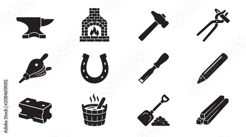 Schilderij op canvas Blacksmith tools, metalwork equipment, 12 icons, industrial symbols, workshop to