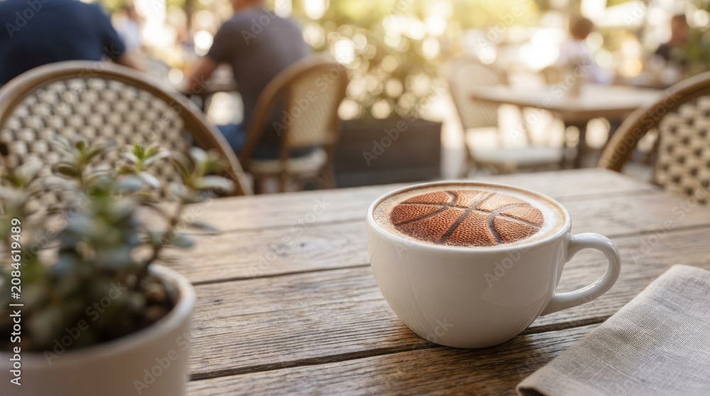 Fototapeta premium Coffee with Basketball Art Basketball Café Art Beverage Wooden Table Latte Art Sports. Concept featuring basketball, café, art, beverage, wooden table for professional commercial design.