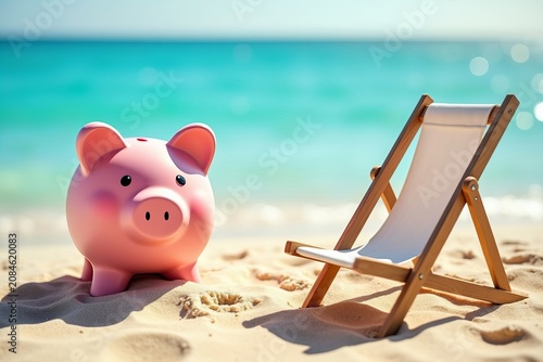 Saving Money for a Secure and Relaxing Vacation: Piggy Bank on a Sandy Beach with a Deck Chair