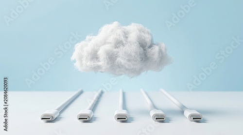 Fluffy white cloud floating above five usb cables arranged in neat row on white table against soft blue backdrop illustrating cloud storage connectivity technology.