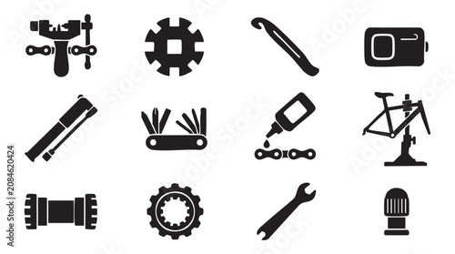 Black and white toolbox icons, gear and equipment symbols, mechanical tools set, 12 industrial objects