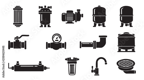 Plumbing, pipe and faucet icons, black silhouette style, 13 piece vector set, water system symbols