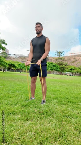 An attractive, fit man working out on a treadmill in the park