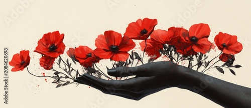 A dark hand cradles vibrant red poppies against a neutral background, symbolizing care and remembrance.