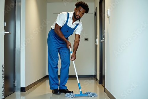 Image of a Young African American Man in Janitorial Attire Mopping the Office Floor, White Background